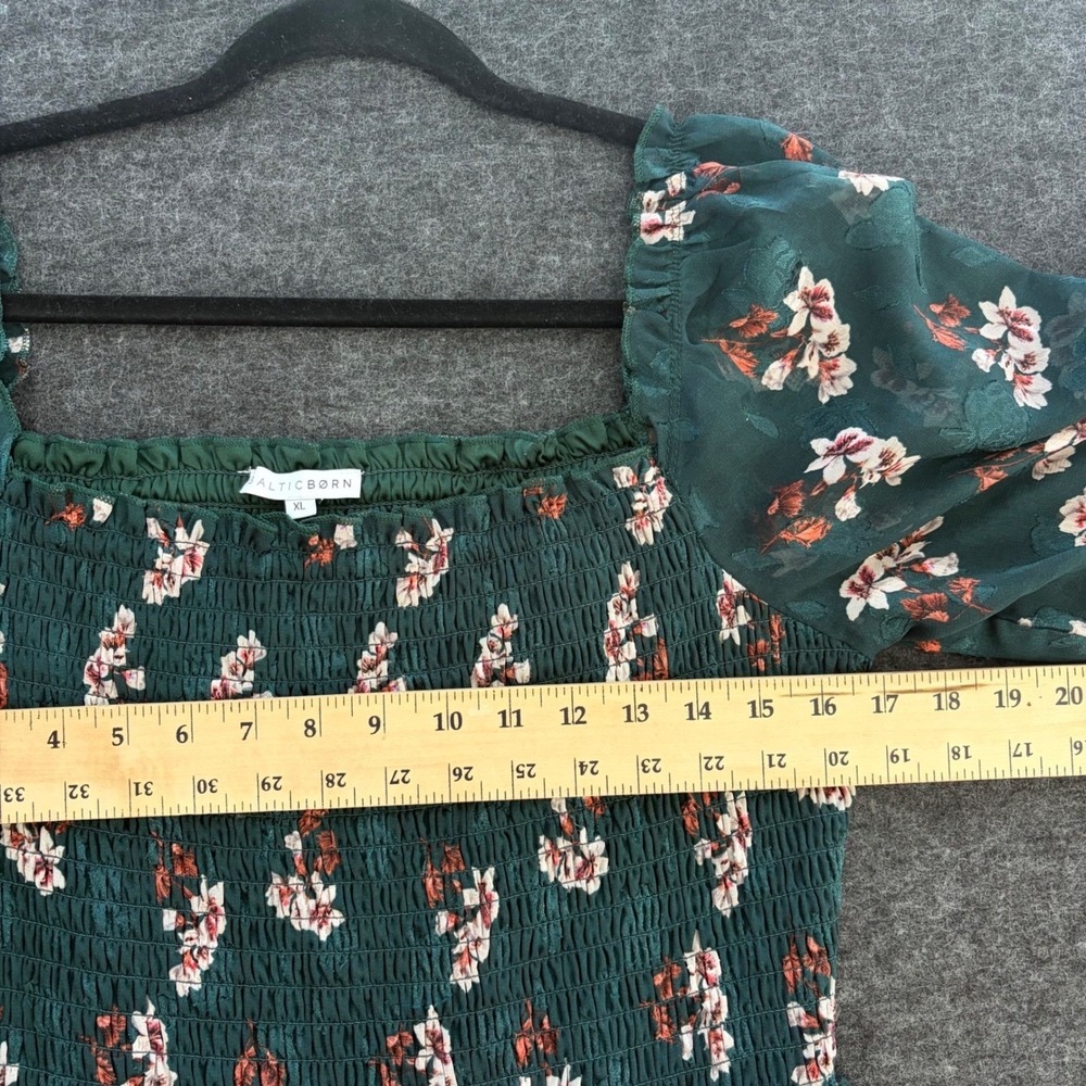 Cottagecore Green Midi XL Dress Boho Floral Feminine Smocked Tiered Chiffon - Picture 6 of 10
